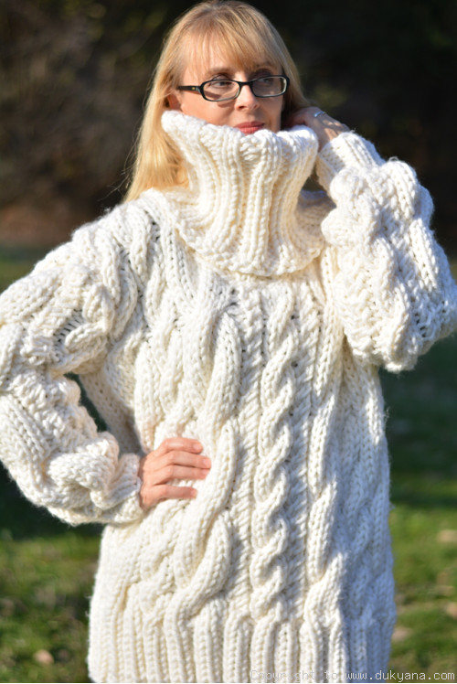 Hand knitted chunky huge T neck cabled wool blend sweater in white